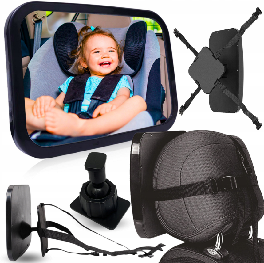 JH-04, Ein Spiegel zur Beobachtung eines Kindes im Auto, mit elastischen  Bändern an der hinteren Kopfstütze befestigt